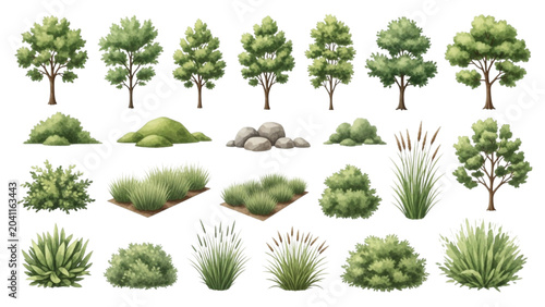 Green Infrastructure Vegetation Watercolor Asset Collection with Native Trees Shrubs Ornamental Grasses Groundcovers Rocks and Ecological Landscape Elements