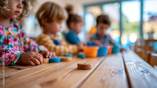 Fototapeta na wymiar Close-up of young children playing together at a wooden table in a bright modern learning environment, early learning concept, child table photography, kindergarten lifestyle
