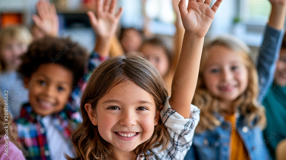 Fototapeta premium Close-up of a diverse group of smiling elementary students raising hands in a classroom, active participation concept, raised hands photography, engaged learning visualization,