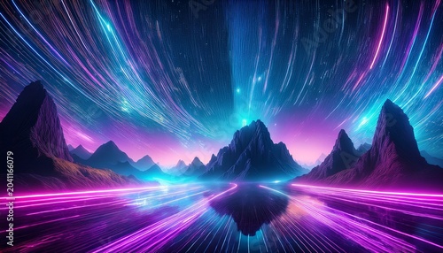 Glowing Cosmic Landscape With Mountain Like Formations And Neon Light Trails