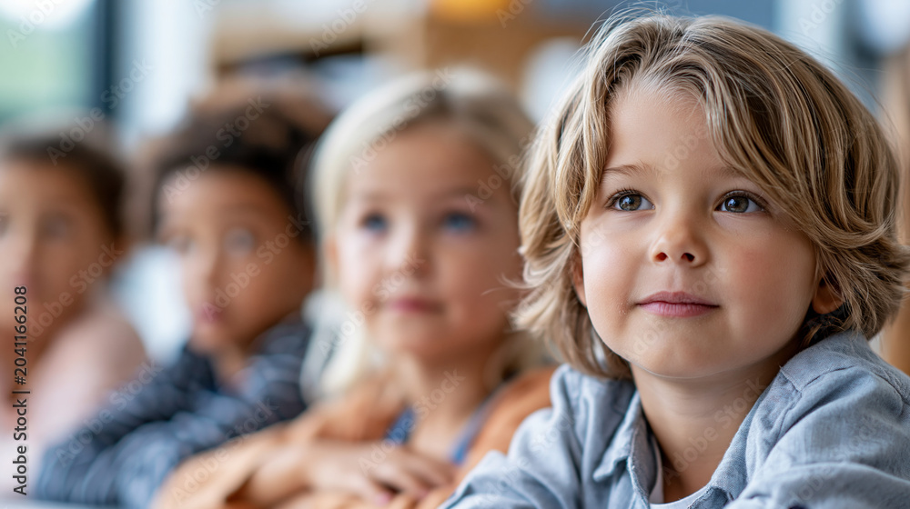 Obraz premium Close-up of a diverse group of young elementary students paying attention in a modern bright classroom, classroom attention concept, diverse student photography, modern learning