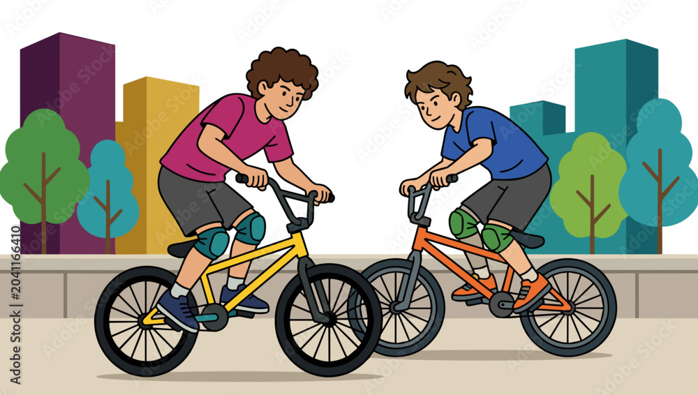 Naklejka premium Two caucasian boys riding bmx bicycles on city street with colorful buildings and green trees background concept of urban childhood and outdoor activity