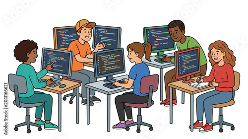 Smart multiethnic youth coding and learning software development on computers in classroom concept of technology education club