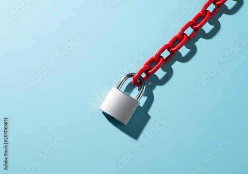 Red chain with silver padlock on blue background