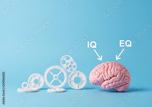 Pink brain model with gears and i q e q labels on blue