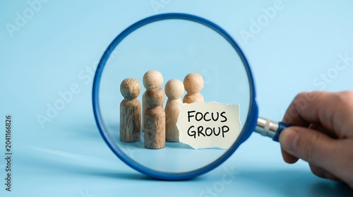 Hand holding magnifying glass over wooden figures and