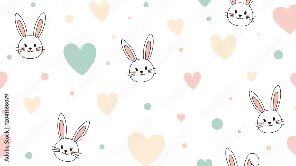 Obraz premium Sweet seamless pattern with white rabbit faces hearts and dots in pastel colors on a clean white background.