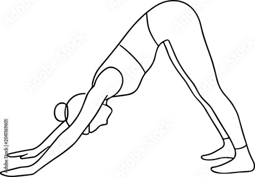 Woman doing downward-facing dog yoga pose, line drawing illustration