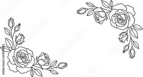 Elegant Rose Flower Corner Borders - Black and White Outline Drawing