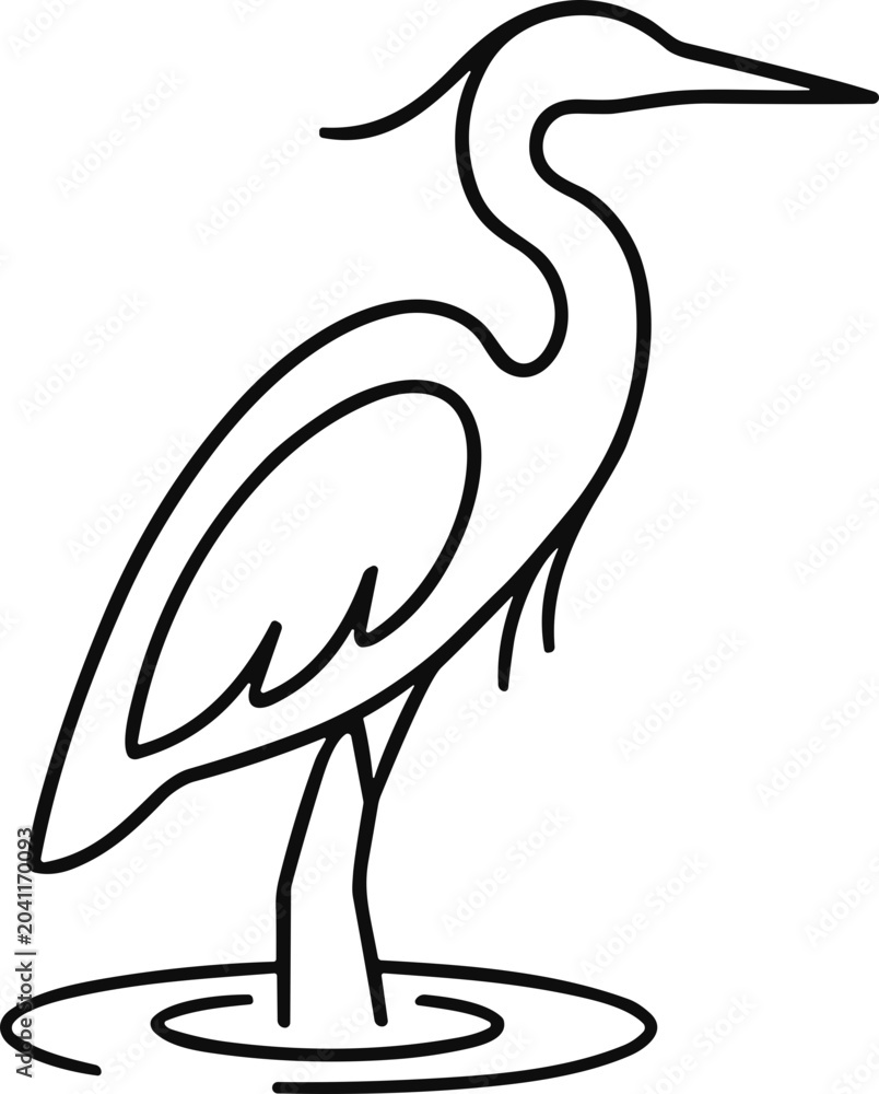 Fototapeta premium Minimalist Line Art Heron Standing in Water - Elegant Bird Illustration