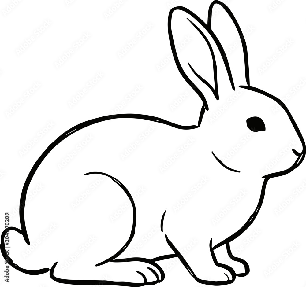 Obraz premium Cute white rabbit line drawing, simple cartoon animal illustration on white background