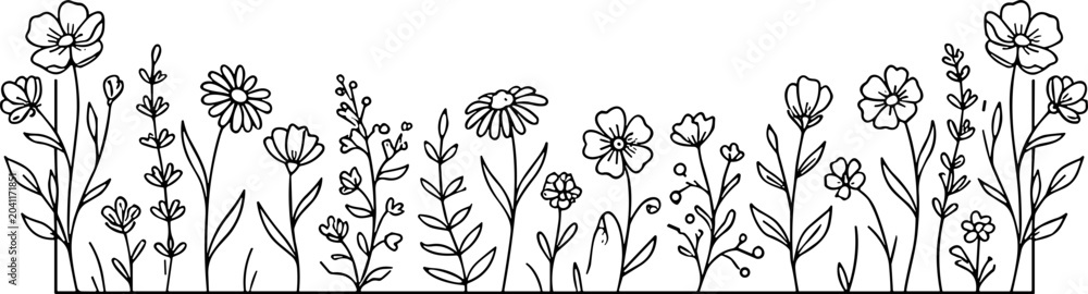Fototapeta premium Minimalist line art floral border, hand-drawn wildflowers and plants outline