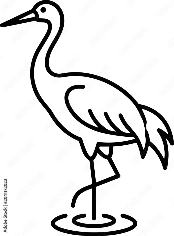 Fototapeta premium Elegant Crane Bird Silhouette Standing in Water Line Art