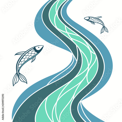 Graphic illustration of two fish swimming in a flowing blue wavy river stream with blue tones