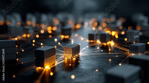 Abstract representation of interconnected shipping containers with glowing lines, symbolizing global trade and logistics.