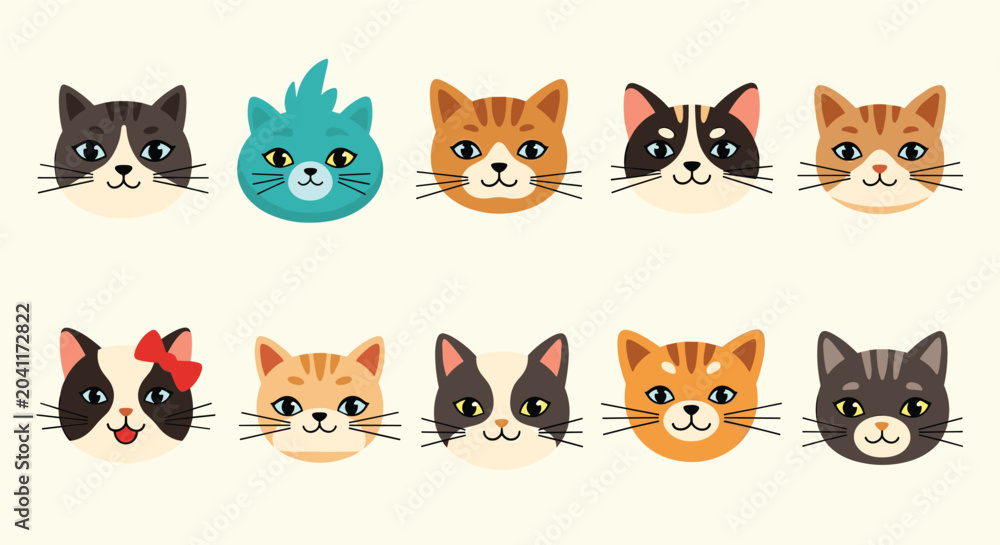 Fototapeta premium Collection of ten diverse cute cat faces with different colors and patterns isolated on a beige background for pet related projects.