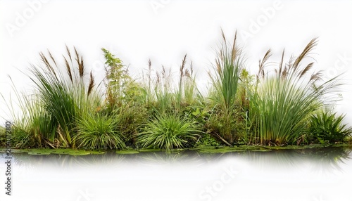 Natural Arrangement Of Mixed Wetland Plants Showing Varying Heights Of Grasses Reeds And Small Shrubs Creating A Marshy Vegetation Line Isolated On White Background