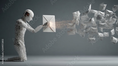 A humanoid robot sends glowing digital messages while surrounded by floating envelopes, creating a futuristic atmosphere.
