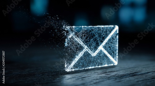 A glowing digital envelope dissolving into particles, symbolizing communication in the modern age.