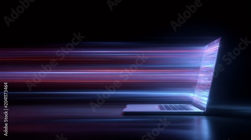 A sleek laptop displaying vibrant light trails, symbolizing speed and technology in a dark setting.