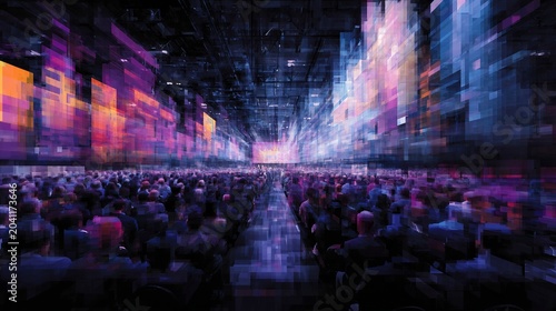 A vibrant, abstract representation of a crowd in a large venue, filled with colorful lights and dynamic energy.