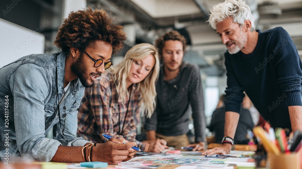 Fototapeta premium A diverse group of young professionals collaborates on a project in a bright, modern workspace.