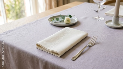Elegant table setting with folded napkin and fork, ready for a meal.