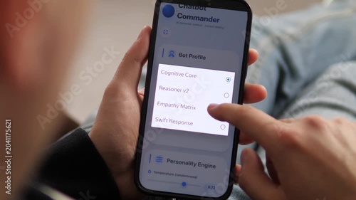 Configuring a Chatbot Commander on a smartphone. The user selects an intelligence engine (Cognitive Core) and sets the alias. Perfect for AI development, LLM tools, and chatbot management visuals