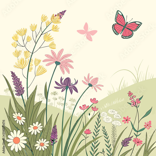 Φωτογραφία Spring meadow illustration with colorful wildflowers and butterflies wildflowers
