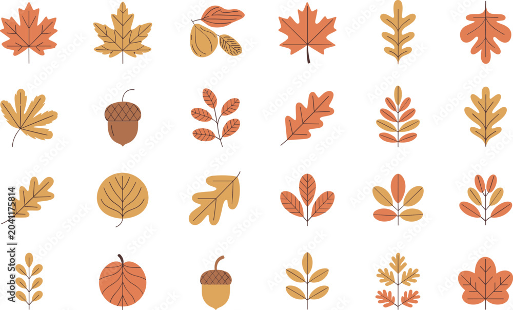Obraz premium Autumn leaves and acorns in various shapes and colors fall foliage seasonal nature symbols