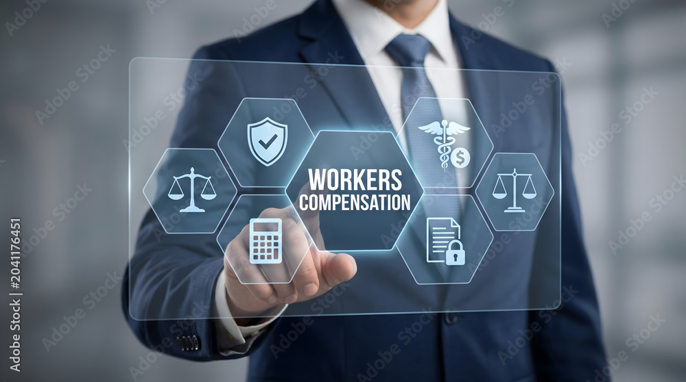 Naklejka premium Professional business person interacting with a digital interface displaying workers compensation insurance concepts and legal protection icons for corporate strategy