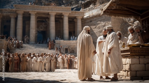 Before the Temple is built, Solomon stands before the altar near the Ark’s sanctuary tent in Jerusalem, leading the people in worship as priests faithfully serve before the Lord.
