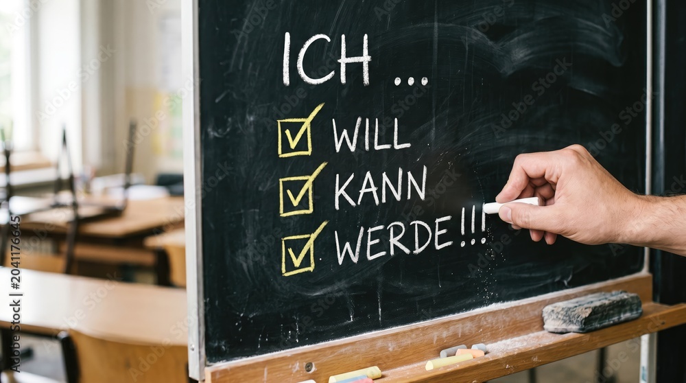 Person writing on chalkboard with motivational german phrases in classroom