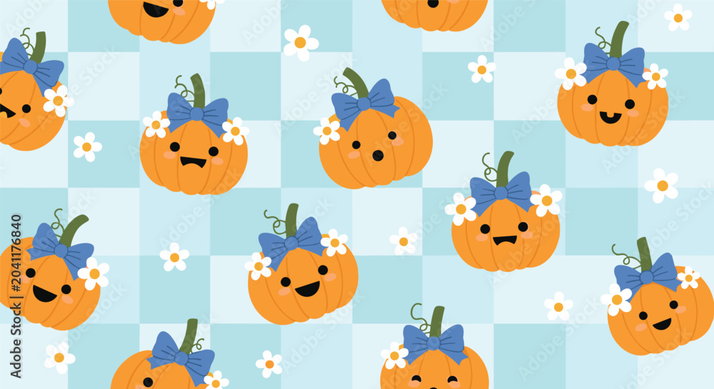 Fototapeta premium Festive and cute seamless pattern featuring smiling pumpkin characters wearing blue bows and white flowers on a blue checkered background.