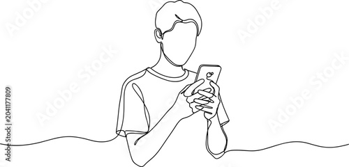 Canvas Print Continuous line drawing of a person using a smartphone, minimalist style