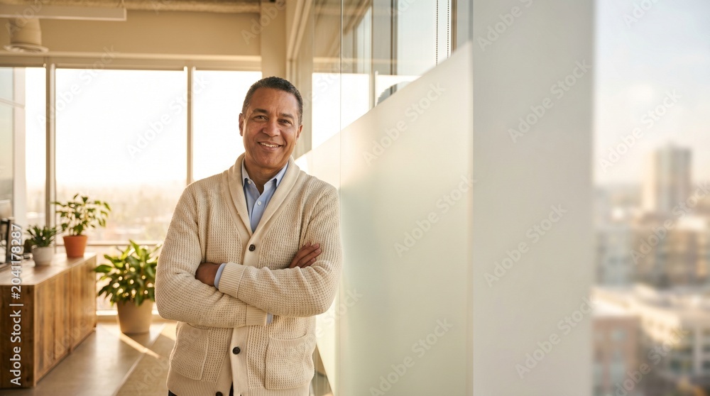 Fototapeta premium Mature black businessman standing with crossed arms in bright modern office space wearing casual beige cardigan looking directly at viewer