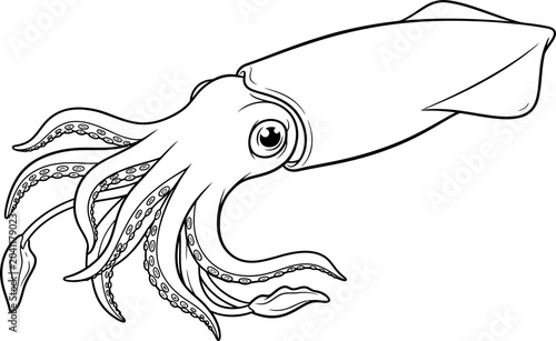Tableau sur toile Outline illustration of a squid with tentacles and large eye, isolated on white