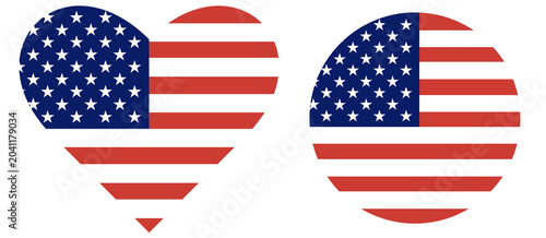 United States of America flags set. Flag of USA in heart shape isolated. Round flag of USA isolated in circle shape