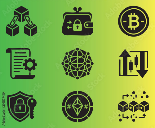 Modern collection of blockchain and cryptocurrency icons featuring security technology and digital finance elements
