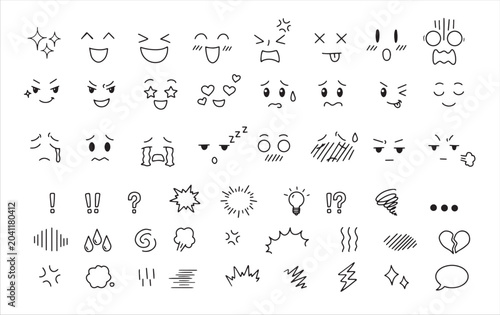 Manga face line art, black white comic emoticon set, hand drawn outline expression. Happy sad angry surprise emotion symbol, cartoon reaction sticker graphic.