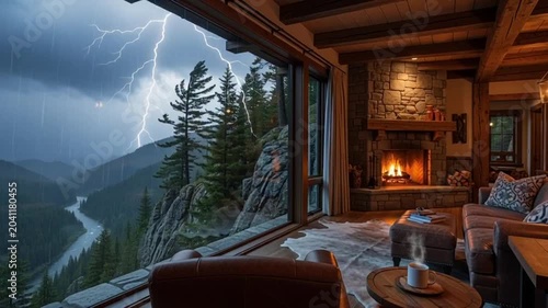 cozy mountain cabin living room with fireplace and stormy lightning view