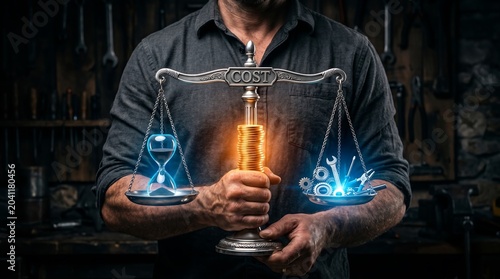 Cost Benefit Analysis for Strategic Business Decisions: Man Weighing Time, Money, and Resources, Optimizing Investment and Maximizing Productivity.
