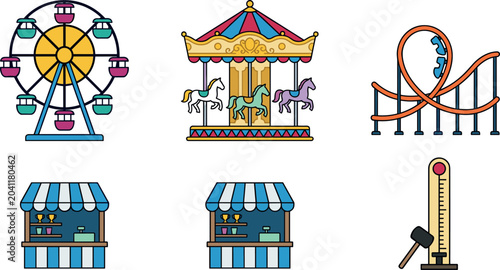 Foto Amusement Park Ride Vector Element Set featuring Ferris Wheel Carousel Horse Mer
