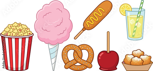 Schilderij op canvas Carnival Food Vector Icon Set with Popcorn Cotton Candy Corn Dog Lemonade Soft P