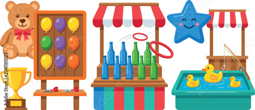 Billede på lærred Carnival Game Stall Vector Element Set with Balloon Dart Board Ring Toss Bottle