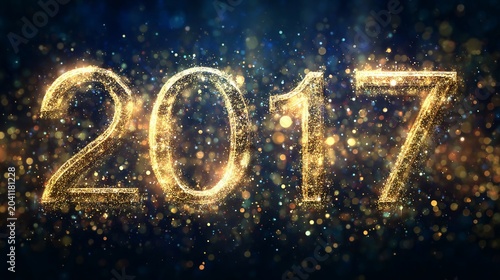 Shimmering golden numbers '2017' surrounded by sparkling lights create a festive atmosphere.