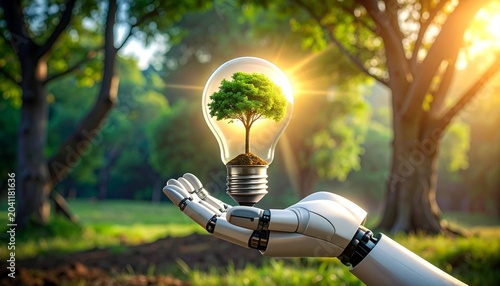 Robotic hand holding glowing light bulb with tree inside, symbolizing sustainable technology, eco‑innovation, and harmony between artificial intelligence and nature.