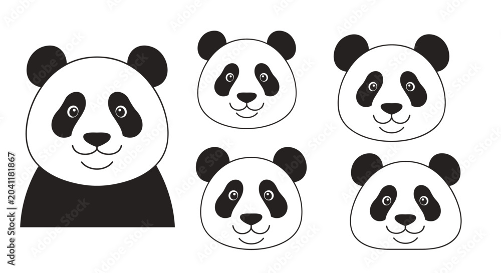 Fototapeta premium Set of cute panda bear head illustrations showing various facial expressions and sizes on a clean white background for children designs.