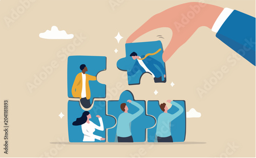 New joiner to fill in team and solve problem, teamwork to get solution, put right man in the right job to fit job description concept, businessman hand HR put new joiner to connect jigsaw puzzle