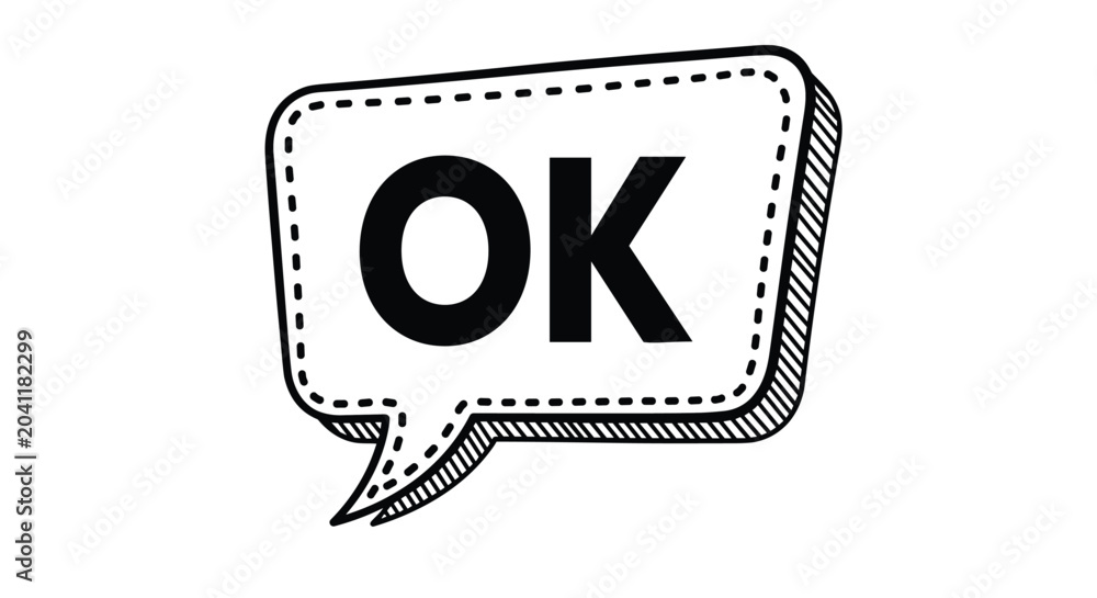 Fototapeta premium Comic book style speech bubble with the word OK in bold black letters and decorative hatching lines on a white background for approval.